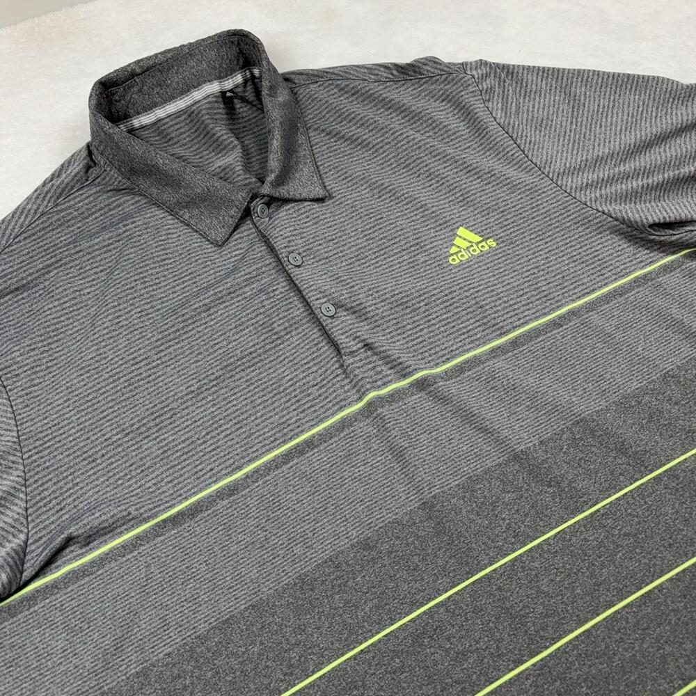 Adidas Polo Shirt Mens XL Gray Striped Golf Collared Logo Performance Breathable